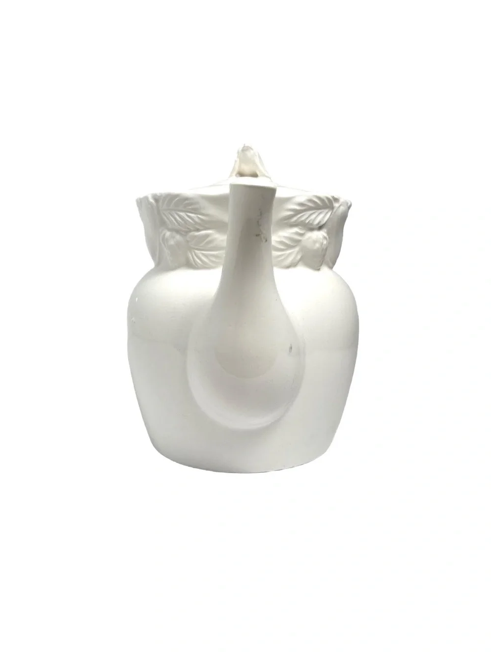 White Ceramic Teapot with Fruit and Leaf Embossed Design